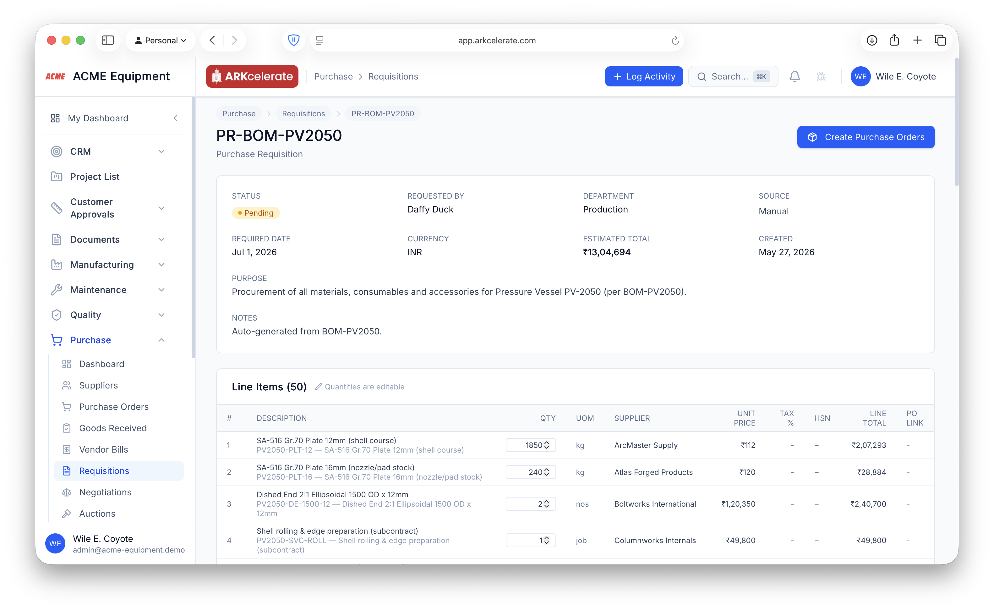 Requisition → Create Purchase Orders — 50 lines with suggested suppliers, one click to raise grouped POs.