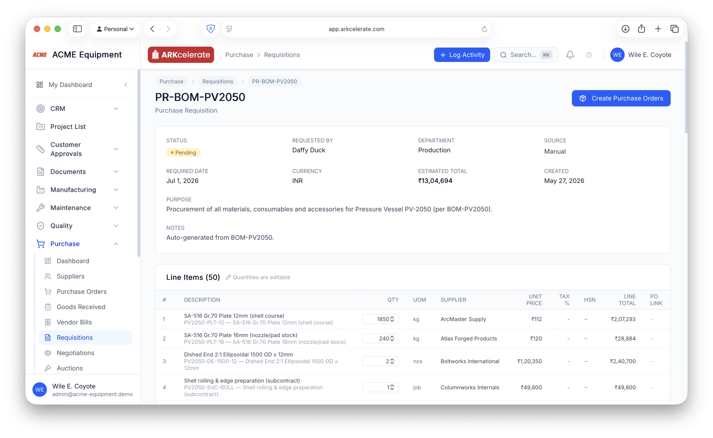 Requisition → Create Purchase Orders — 50 lines with suggested suppliers, one click to raise grouped POs.