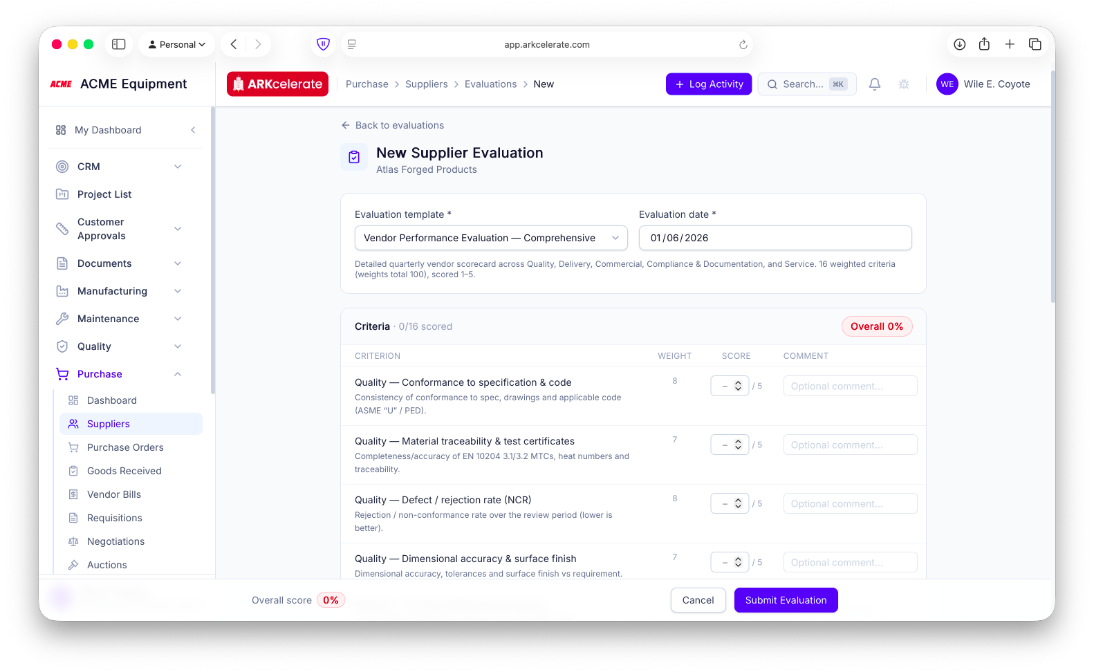 New evaluation — a custom 16-criterion weighted scorecard, scored 1–5 with a comment per criterion and a live overall.