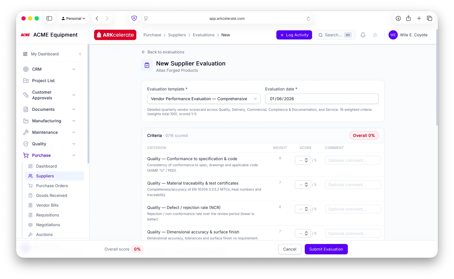 New evaluation — a custom 16-criterion weighted scorecard, scored 1–5 with a comment per criterion and a live overall.