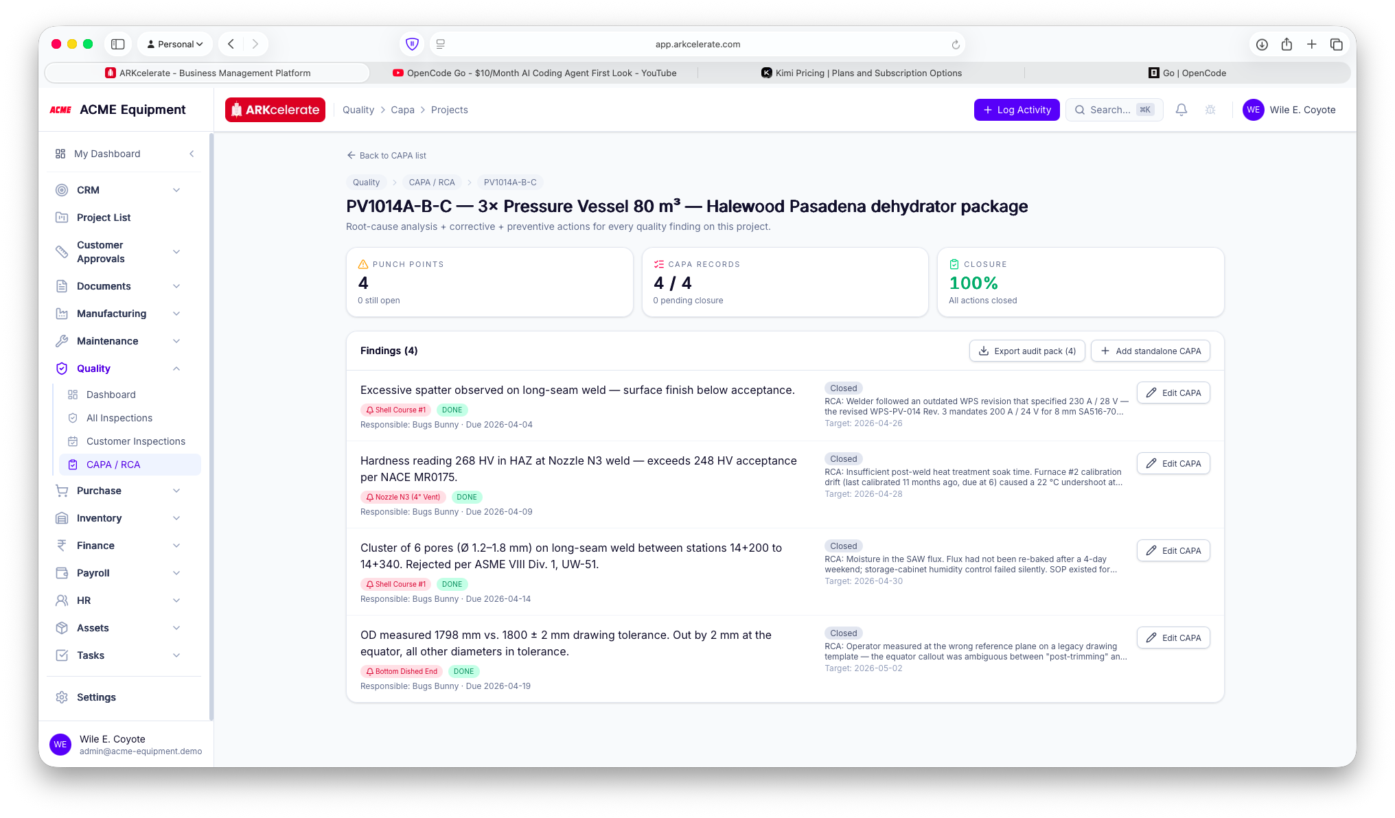 CAPA / RCA project page — closure tracker, every finding, audit-pack PDF export.