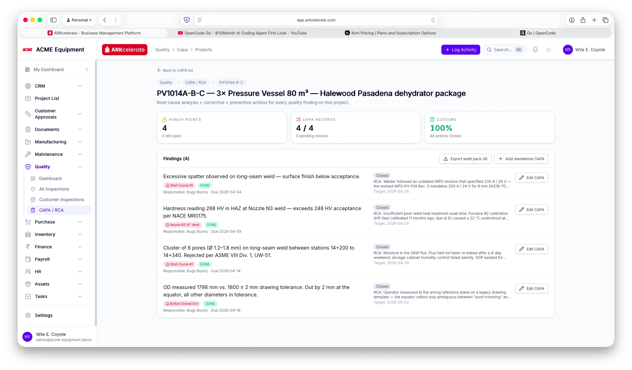 CAPA / RCA project page — closure tracker, every finding, audit-pack PDF export.