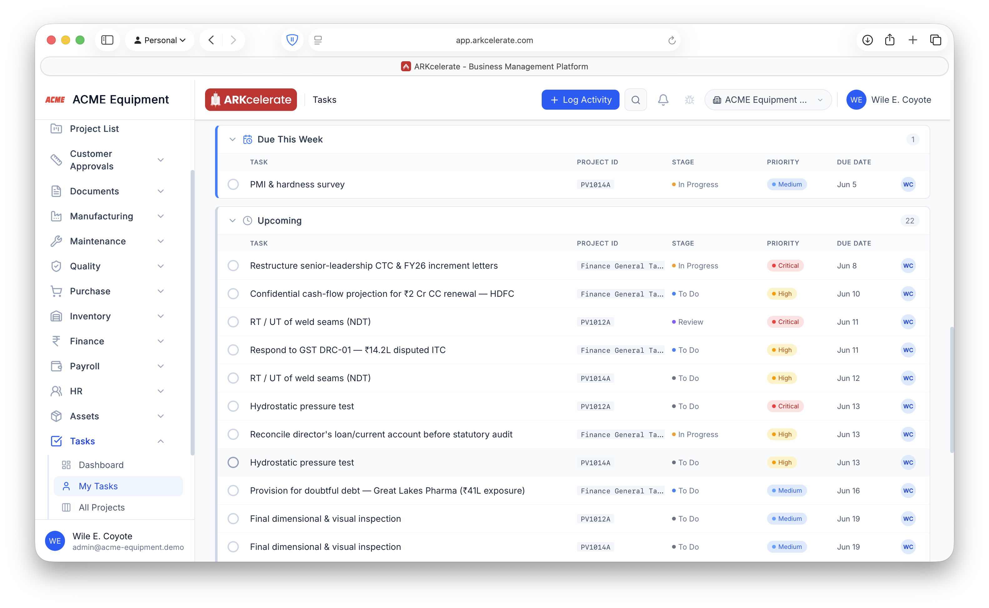 My Tasks — everything assigned to you across every project, grouped into Due This Week and Upcoming, with project, stage, priority and due date.