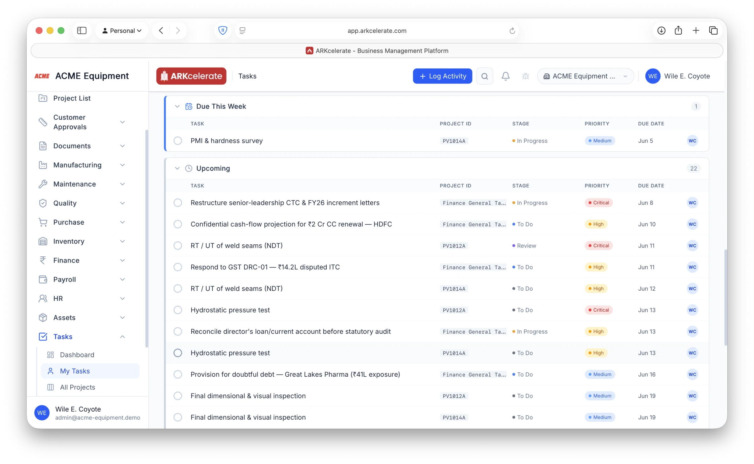 My Tasks — everything assigned to you across every project, grouped into Due This Week and Upcoming, with project, stage, priority and due date.