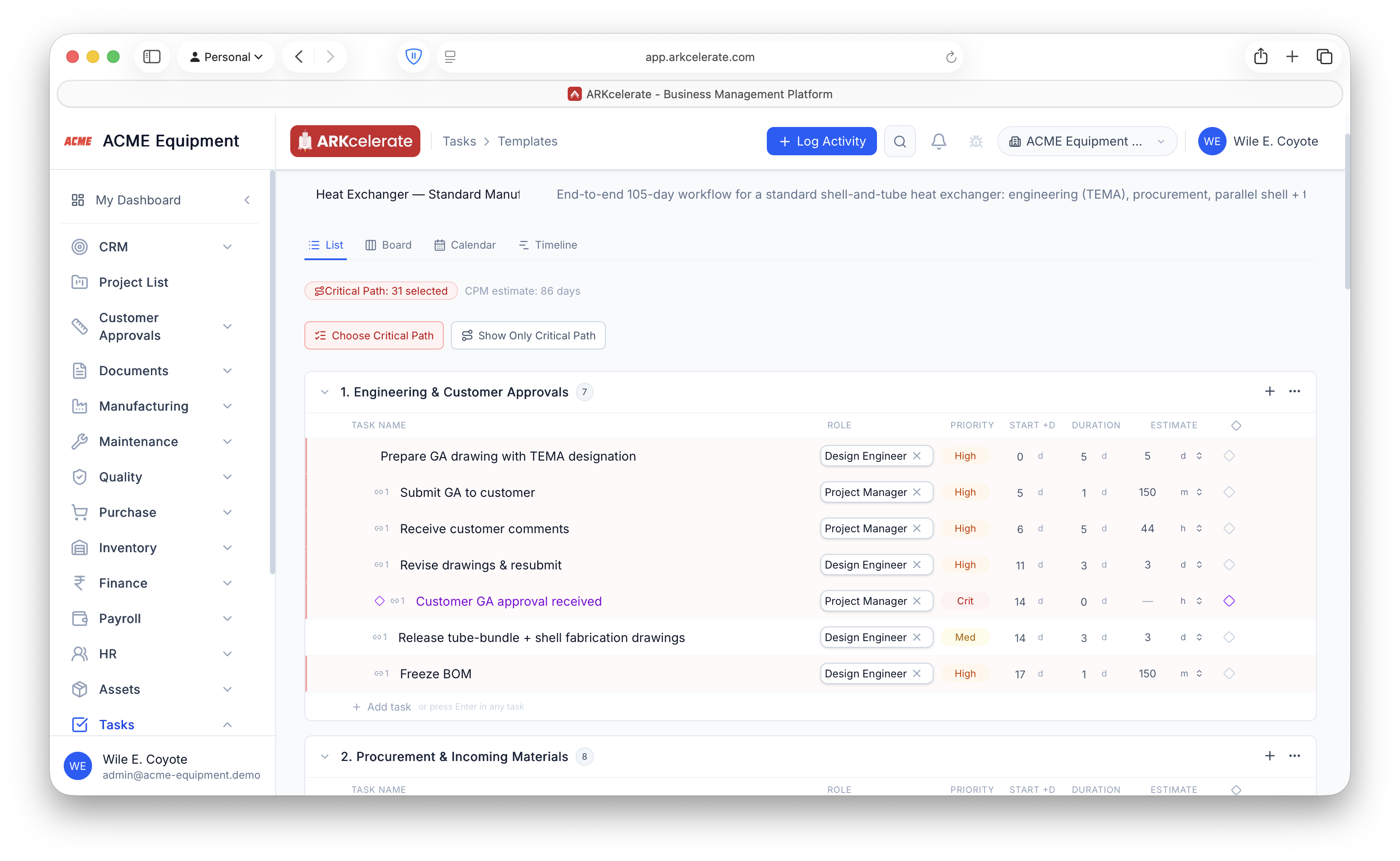 Project template — each task with its role, a days/hours/minutes estimate and the critical path (31 tasks, 86-day CPM estimate).