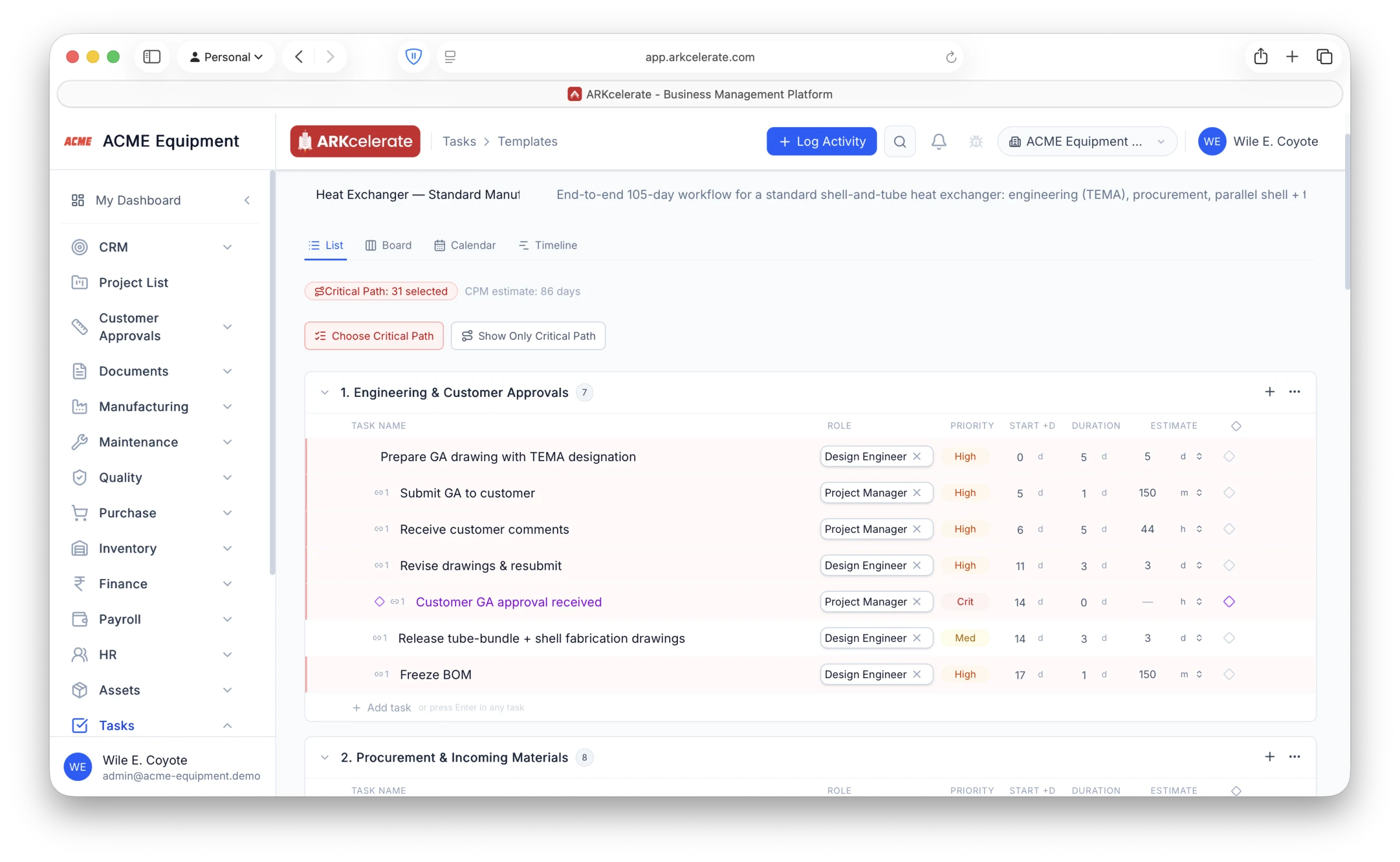 Project template — each task with its role, a days/hours/minutes estimate and the critical path (31 tasks, 86-day CPM estimate).